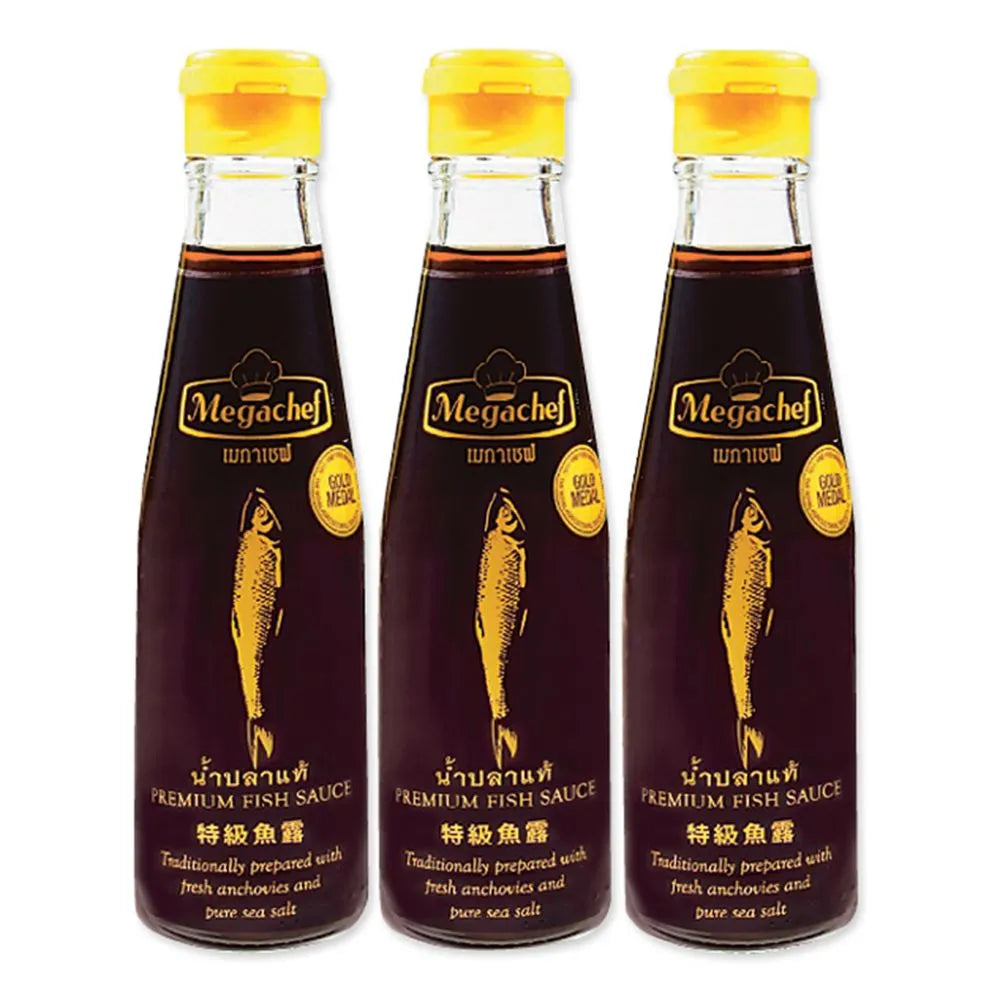 MEGACHEF Fish Sauce 200 ml bottles, clear glass with label, arranged in a row, traditional Asian condiment for cooking and seasoning