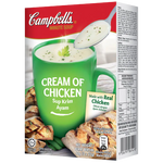 Can of Campbell's Cream of Chicken instant soup with label visible, showcasing the Campbell's brand logo and product packaging.