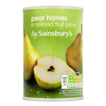 Sainsbury's pear halves in fruit juice, canned grocery product, showing pear halves in clear liquid inside a can