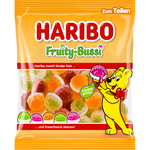 Colorful Haribo Fruity Bussi confectionery snacks with vibrant fruit-flavored gummy candies in various shapes and colors.