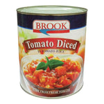 Canned Brook diced tomatoes in juice, 565g, in a metal can with a label displaying ripe tomatoes and brand logo.