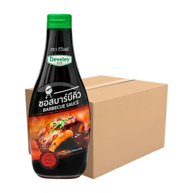 Six bottles of DEVELEY Barbecue Sauce 430 g each, showing the dark, flavorful sauce in transparent bottles with labels.