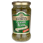 Jar of Filippo Berio Classic Pesto with basil, pine nuts, and Parmesan cheese on a white background.