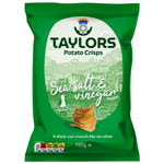 Taylors Sea Salt & Vinegar Flavour Potato Crisps in a colorful bag, showcasing crispy potato chips with sea salt and vinegar flavor.