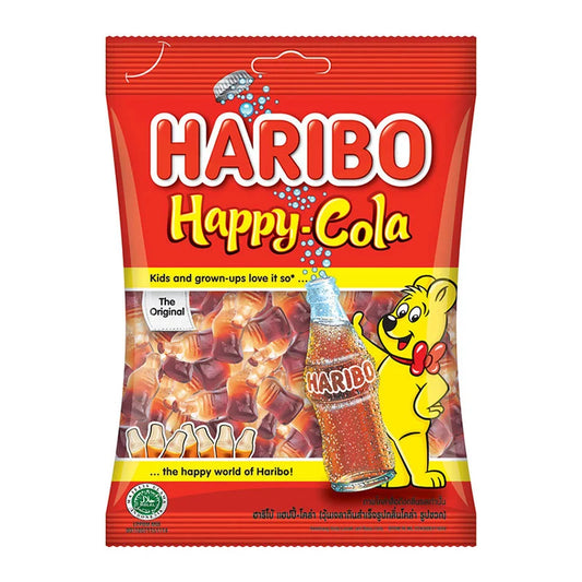 Colorful HARIBO Gummy Happy Cola candies in a clear bag, showcasing the iconic cola-flavored gummy treats.