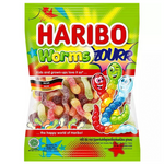 Colorful Haribo Worms Zourr confectionery snacks in a clear bag showing vibrant, gummy worm candies with the Haribo branding.