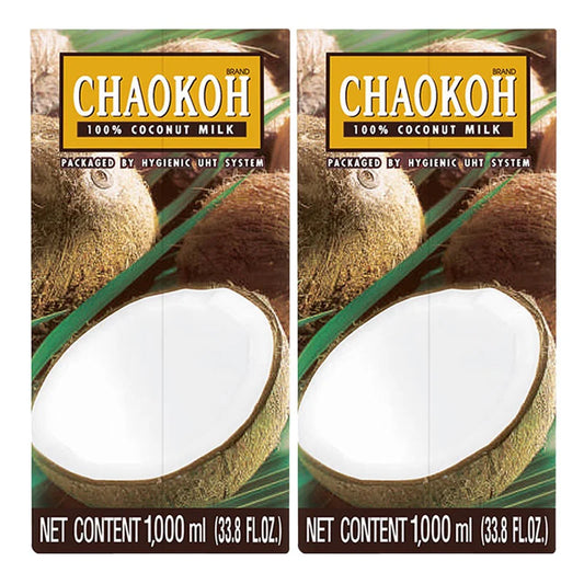 Coconut milk carton from CHAOKOH, 1 liter size, showing the packaging with a white and green label and coconut imagery.