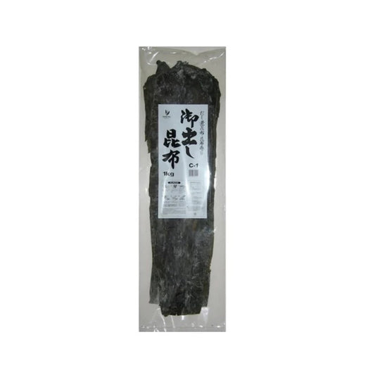 DAISHU dried Odashi kombu kelp for soup stock and side dishes, 1kg, made in Japan, with dark green kelp strips and packaging.