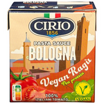 Cirio Vegan Ragu Bologna pasta sauce in a jar, featuring rich tomato and vegetable ingredients, suitable for vegan recipes