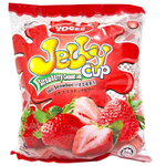 Yogee Strawberry Coconut Jelly, a colorful confectionery snack with strawberry and coconut flavors in a clear container.