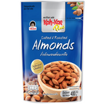 Koh-Kae Plus salted roasted almonds in a clear snack package, showing golden almonds coated with salt.