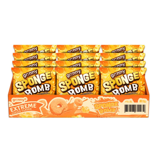 Grinny Sponge Bomb Snack extreme cheddar cheese flavor, 15g pack, 12 pieces, crispy cheese snack in colorful packaging
