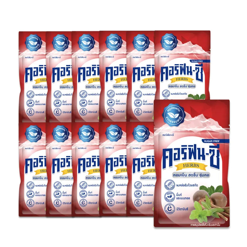 CORYFIN-C mixed herbal candies with monk fruit and licorice extract in a 12-count package, showing colorful candies in a clear container.