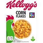 Bowl of Kellogg's Corn Flakes cereal in a white bowl with milk, ready to eat, on a kitchen countertop.