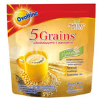 Ovaltine 5 Grains drink powder in a glass, showing the textured chocolate-malted beverage with grains visible.