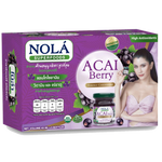 Nola Acai Berry Essence Concentrate bottle with label, in a grocery setting, showcasing the product's vibrant packaging.