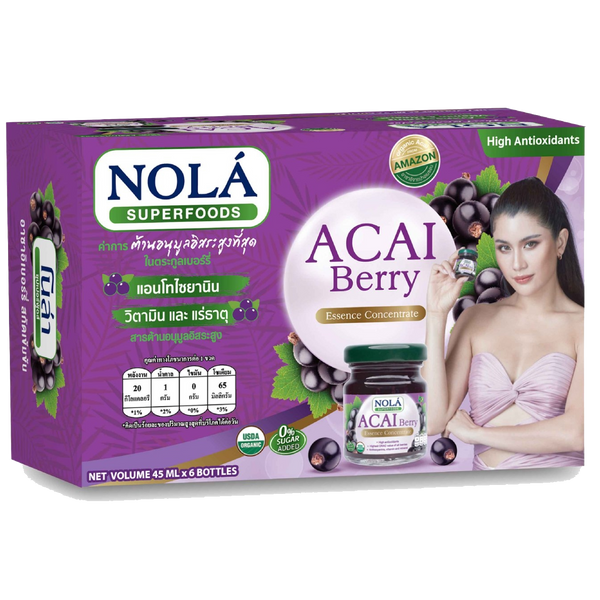 Nola Acai Berry Essence Concentrate bottle with label, in a grocery setting, showcasing the product's vibrant packaging.
