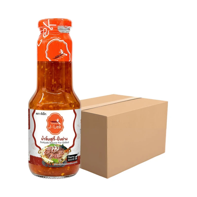 Six bottles of J-LEK Sukiyaki Grilling Dipping Sauce, 350 g each, with dark soy-based sauce in clear glass bottles.