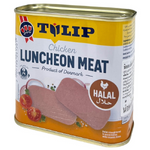 Slices of Tulip Chicken Luncheon Meat displayed on a plate, showcasing the cooked and sliced poultry product from Tulip brand.