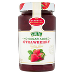 Jar of Stute Strawberry Jam showing fresh strawberries and jam spread on bread, highlighting the healthy grocery product.