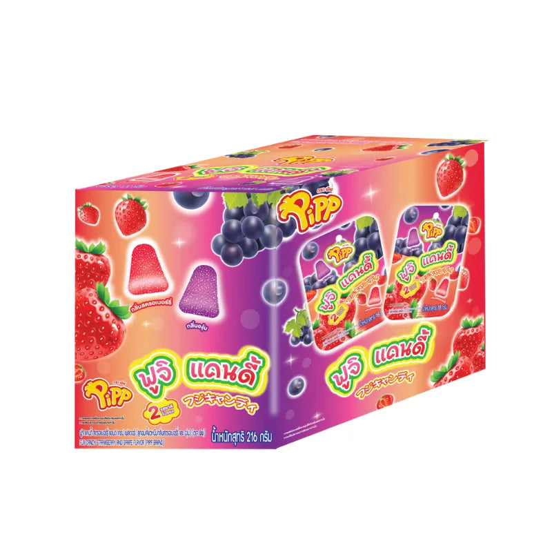PIPP Fuji Candy in strawberry and grape flavors, 18g each, 12-piece pack, colorful fruit-shaped chewy candies.