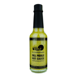 The Serial Pickle Dill Pickle Hot Sauce bottle with label, featuring green and yellow branding, on a plain background.
