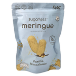 Sugarless vanilla macadamia meringue snack in a clear package, showcasing light, airy crispy meringue pieces with macadamia nuts.