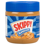 Creamy Skippy Super Chunk Peanut Butter jar with visible chunky peanut pieces, labeled for grocery shopping.