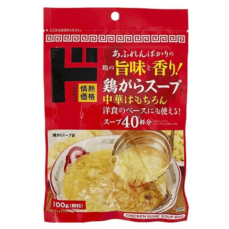 JONETZ Granule Chicken Soup Stock with chicken, pork extract, and vegetable powder in 6 packs of 100g each, ready for cooking.