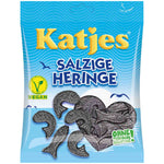 Katjes Salzige Heringe confectionery snacks in bright packaging, featuring salty, fish-shaped gummy candies for a unique treat.
