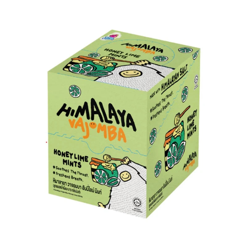HIMALAYA Vajomba honey lime mint candy with Himalayan salt in a box, showing individual sachets with lemon and mint flavor.