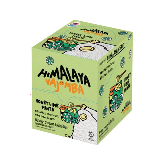 HIMALAYA Vajomba honey lime mint candy with Himalayan salt in a box, showing individual sachets with lemon and mint flavor.