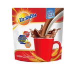 Ovaltine 3 in 1 chocolate malt drink sachet with image of a prepared drink in a glass showing the chocolate malt beverage.