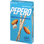 Lotte Pepero Snowy Almond confectionery snack featuring chocolate-coated biscuit sticks with almond pieces.