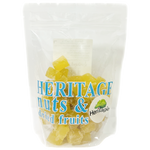 Heritage dried ginger confectionery snack with sliced, golden-brown ginger pieces in a clear container on a white background.