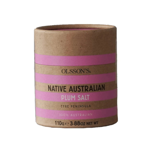 OLSSON'S Native Plum Salt 110g jar showing the textured salt with native plum flavor in a clear glass container.
