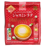 Osk 3-in-1 Jasmine Tea Latte drink in a clear cup with a creamy, fragrant jasmine tea beverage topped with foam.