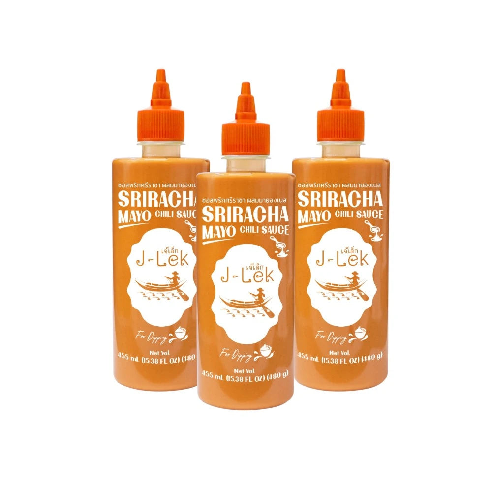 Three bottles of J-LEK Sriracha Chili Sauce mixed with mayonnaise, 480g each, shown in a row.