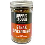 Sainsbury's Itc Steak Seasoning jar with label, featuring seasoned steak spice blend for grilling and cooking.