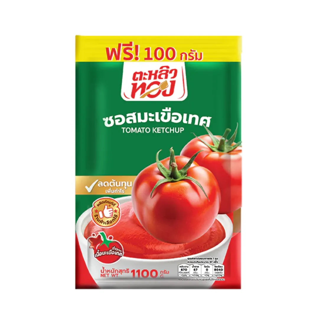 Taliothong Tomato Ketchup 1.1kg bottle with red ketchup inside, featuring a label with branding and product details.