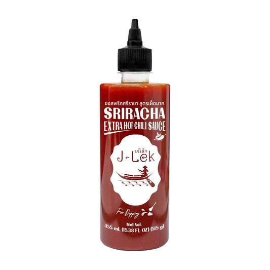 J-LEK Sriracha Chili Sauce Extra Spicy 455ml bottle with red chili peppers and sauce drizzling from the top.