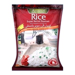 Basmati rice from Anmol Super Kernal Basmati Rice brand, showing a bag of long-grain, aromatic rice in a grocery setting.