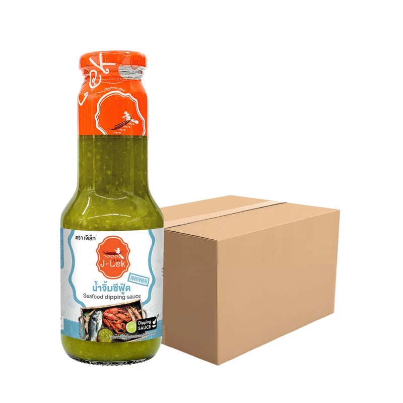 Six bottles of J-LEK Seafood Dipping Sauce, 345g each, with clear labels and vibrant packaging, arranged together.