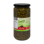 La Rambla Capers Surfines in a clear jar, showcasing small, green capers with vibrant color and textured surface for dry grocery use.