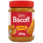 Jar of Lotus Biscoff Crunchy Spread with a spoon, showing the creamy, crunchy cookie spread on a white background.