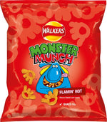 Walkers Monster Munch Flamin Hot confectionery snack bag with spicy crunchy monster-shaped crisps in bright packaging.