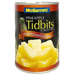 McGarrett pineapple tidbits in syrup, canned grocery product with bright pineapple pieces in sweet syrup.
