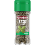 Fresh Masterfoods basil leaves in a grocery package, showcasing vibrant green herb suitable for cooking and garnishing.