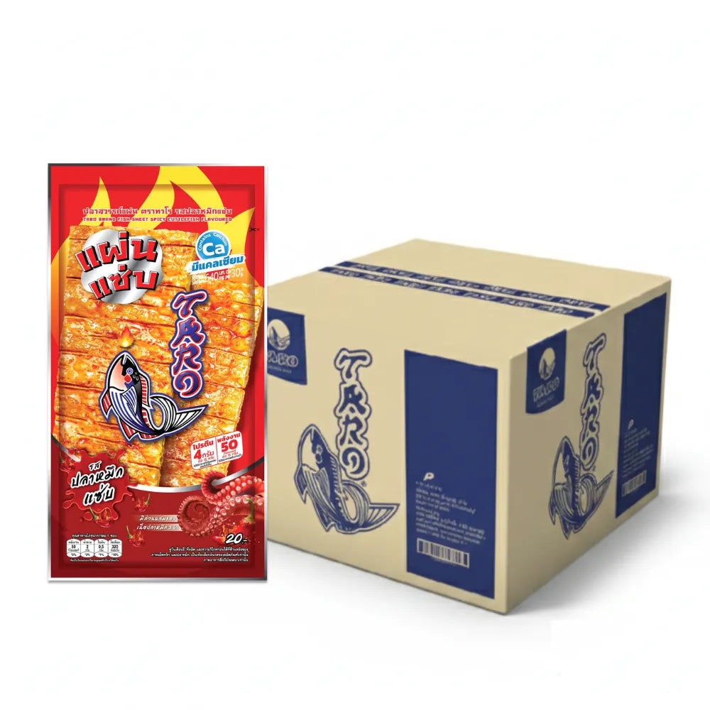 TARO Fish Sheet Spicy Cuttlefish Flavor, 15g, stacked pack of 36, showcasing colorful spicy seafood snack packaging