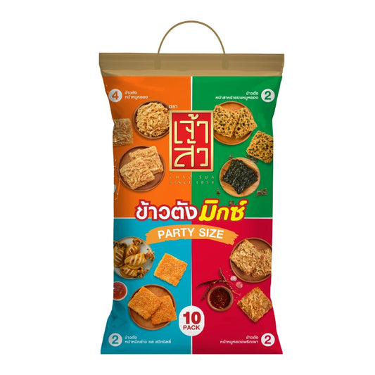 CHAOSUA Rice Cracker Mix in party size 30g, showing colorful assorted rice crackers in a resealable bag.